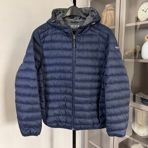 TUMI Packable Down Navy Blue Hooded Jacket XL Zip Puffer Water Wind Resistant